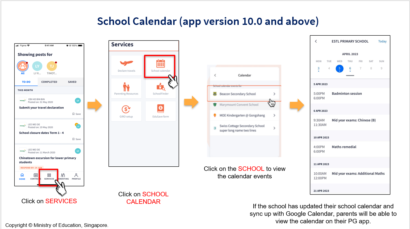 How to access the School Calendar of Events on Parents' Gateway (PG)
